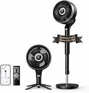 DREO Ventilateur Intelligent sur Pied pour Chambre, Oscillation 3D 150°+100°, Portée CirculAir 36,6 m, Moteur DC Silencieux, 12 Vitesses, 6 Modes, 20 dB, Télécommande, Minuterie 12 h
