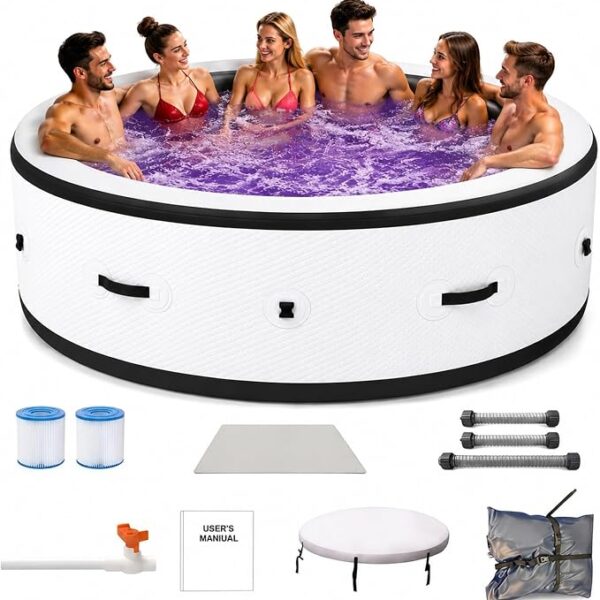 Spa Gonflable 6 Places 4 Personnes Grand Volume Ø206x71cm, Bain Hydrothérapie 150 Jets de Bulles, Chauffage Réglable 40°C, PVC Épais Anti-Déchirure, Jeu de Lumière LED Intérieur