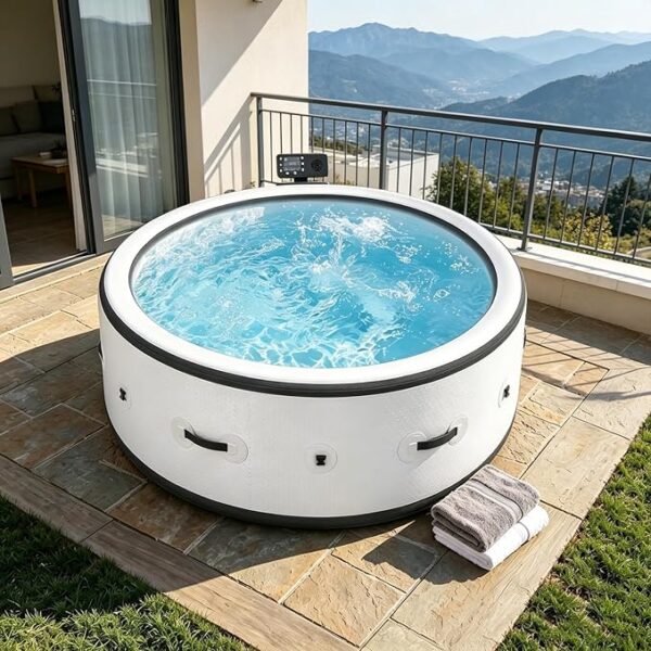Spa Gonflable pour 4 à 6 Personnes, Spa Nomade Rond Portable de 2500W, Baignoire Spa pour Adulte. Spa Gonflable étanche avec Couverture Isolée, Pompe de Chauffage, Matériau PVC Durable